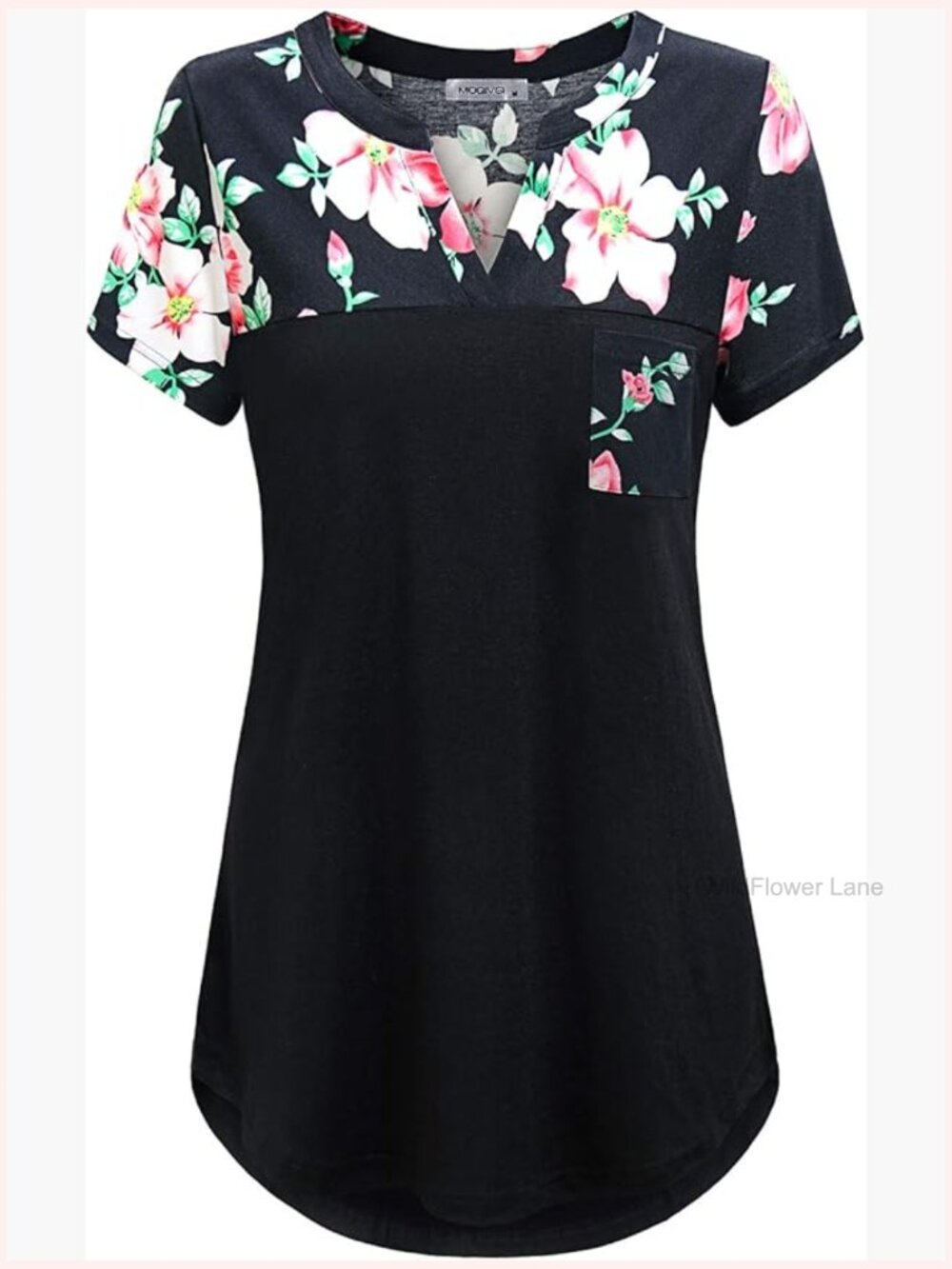 Vneck Hi Low Patchwork Top with Pocket Short Sleeve Tunic